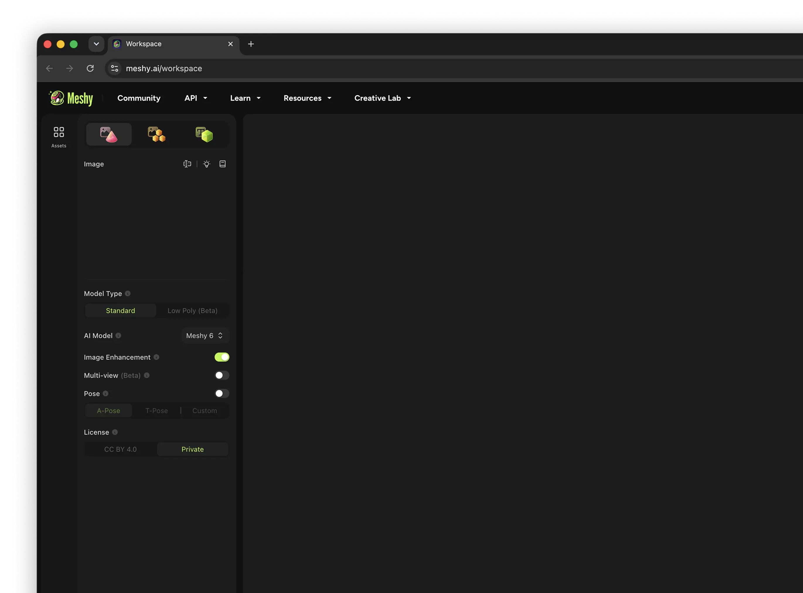 Meshy workspace with the Image to 3D panel open